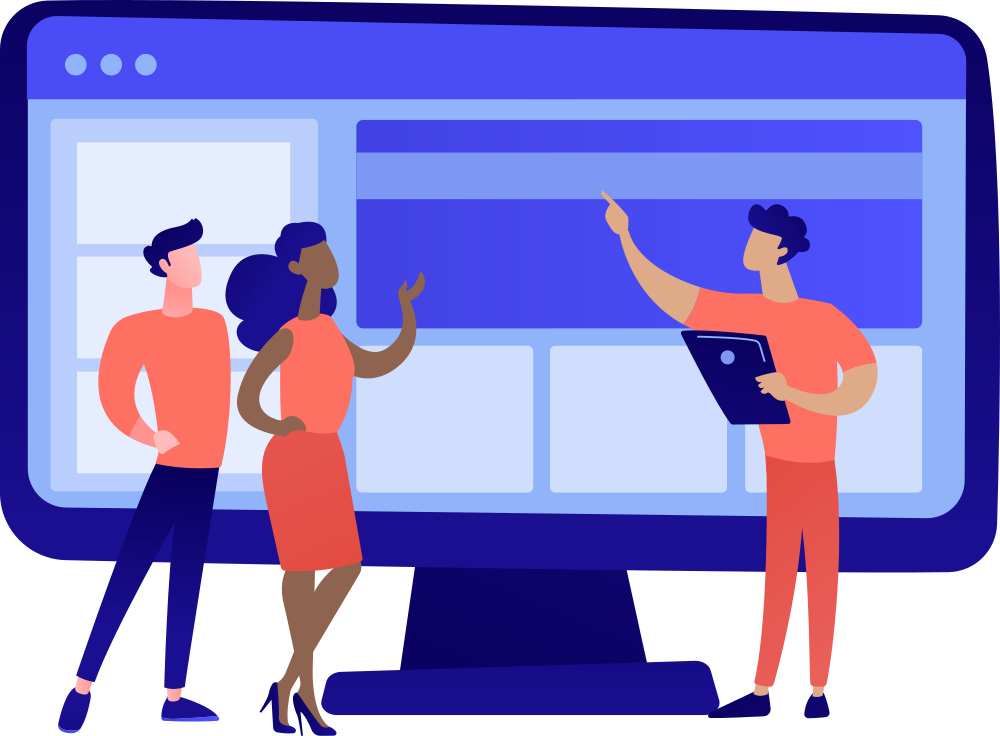 Illustration de trois personnages face à un écran d'ordinateur.